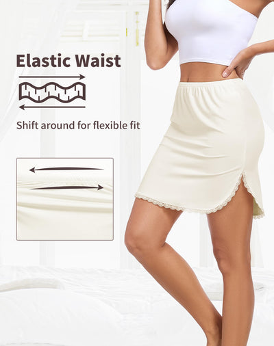 MANCYFIT Half Slips for Women Underskirt Short Mini Skirt with Floral Lace Trim Beige Medium
