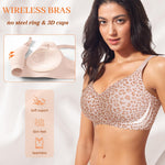 Wireless Jelly Bras for Women V Neck Seamless No Underwire Tshirt Bras Comfortable Padded Bralettes Everyday Bra with Support(A1#Leopard Pink(v Neck),Large
