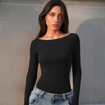 OQQ Bodysuits for Women Boatneck Long Sleeve Basic Stretch Classic-Fit Tops Sexy Bodysuit