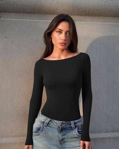 OQQ Bodysuits for Women Boatneck Long Sleeve Basic Stretch Classic-Fit Tops Sexy Bodysuit