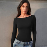 OQQ Bodysuits for Women Boatneck Long Sleeve Basic Stretch Classic-Fit Tops Sexy Bodysuit Black