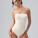 OQQ Womens Tube Bodysuits Strapless Basic Sleeveless Ruched Stretch Classic-Fit Tops Sexy Bodysuits Beige