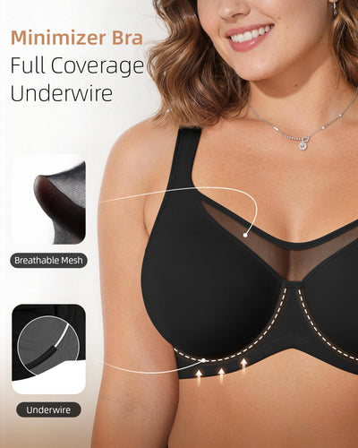 OEAK Minimizer Bras for Women Plus Size Bralettes Full Coverage Unlined Bra Supportive Underwire Tshirt Bras for Heavy Breast Black 38DDD