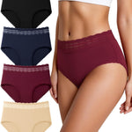 HOHOCHIN Cotton Underwear for Women High Waisted Panties Soft Lace Waistband Breathable Full Coverage Ladies Briefs 4 Pack (US, Alpha, X-Large, Regular, Regular, A-4 Pack-Multicolor)