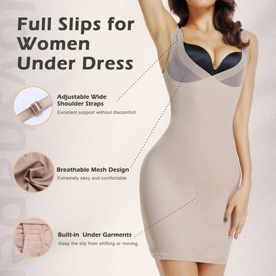JOYSHAPER Adjustable Slip Dress for Women Tummy Control Body Shaper Shapewear Full Slips for Under Dresses Beige (With Gusset) L