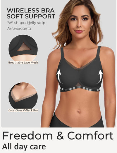 Gailife Womens Wireless V Mesh Comfortable Bra Seamless Bralette Push Up Brassiere No Underwire Supportive Tshirt Everyday Bra, Black, L