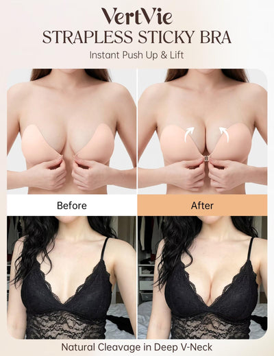 Vertvie Strapless Sticky Bra Push Up Invisible Lightweight Adhesive Cleavage Lift Reusable for Backless Dress Wedding & Prom(Beige,Cup C)