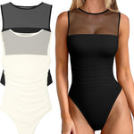 OQQ Women 2 Piece Bodysuit Mesh Ruched Sleeveless Turtle Neck Shapewear Body Suits One Piece Leotard Shirt Going Out Tops