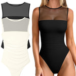 OQQ Women 2 Piece Bodysuit Mesh Ruched Sleeveless Turtle Neck Shapewear Body Suits One Piece Leotard Shirt Going Out Tops Black Beige