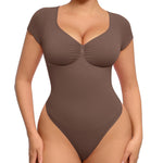 FeelinGirl Tummy Control Bodysuit V Neck Short Sleeve Soft Shapewear for All-Day Wear Butt Lift Thong Shaper for Going Out Dark Brown XS