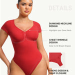 FeelinGirl Bodysuit for Women Tummy Control Women's Short Sleeve V Neck Sexy Tops for Going Out Thong Bodysuit for Womens Rust Red L