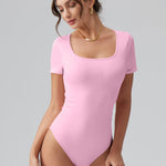 OQQ Women Bodysuits Ruched Short Sleeve Square Neck Stretch Lounge Travel Bodysuits Pink cherry blossom