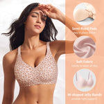 Wireless Jelly Bras for Women V Neck Seamless No Underwire Tshirt Bras Comfortable Padded Bralettes Everyday Bra with Support(A1#Leopard Pink(v Neck),Large