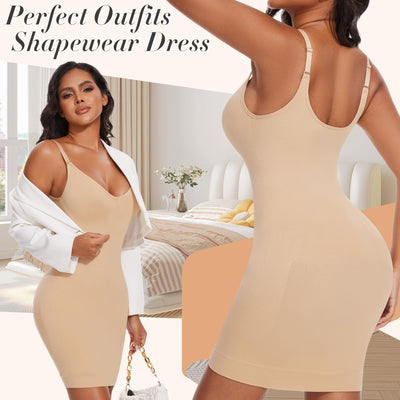 Betaven Shapewear Dress for Women V-Neck Full Slip Dress Seamless Body Shaper Under Dresses Tummy Control Dress,Beige,Medium