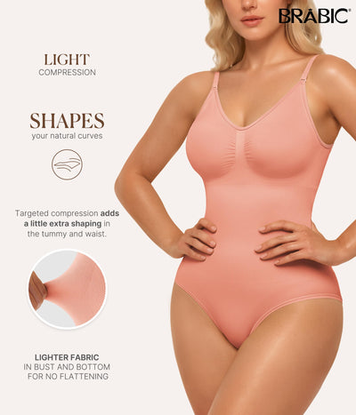 BRABIC Bodysuit Shapewear for Women Tummy Control Panties Seamless Sleeveless Tops V-Neck Camisole Jumpsuit (Orange Pink Brief, 3X-Large/4X-Large)