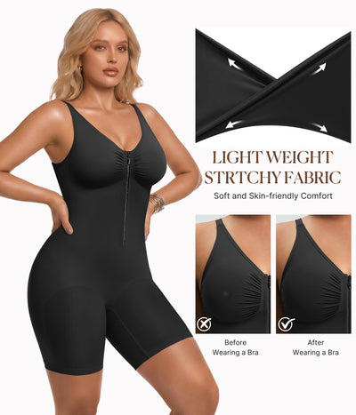 BRABIC Women's Zip-Up Shapewear Bodysuit Tummy Control Seamless V Neck Full Body Shaper Mid-Thigh Butt Lifter(Black, Medium)