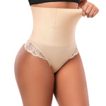 Werena Tummy Control Thong Shapewear for Women High Waisted Body Shaper Shaping Thong Girdle Novelty Hipster Panties(04# High Rise Lace Beige(smoothing),Large)