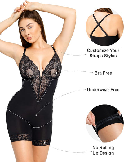 Popilush Shapewear Bodysuit Tummy Control - Deep V Neck Sleeveless Lace Corset Shapewear Tops Body Shaper