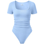 OQQ Women Bodysuits Ruched Short Sleeve Square Neck Stretch Lounge Travel Bodysuits Candyblue