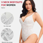 Nebility Lace Bodysuit for Women Tummy Control Shapewear V Neck Body Suits(Small,White)