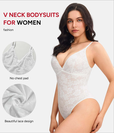 Nebility Lace Bodysuit for Women Tummy Control Shapewear V Neck Body Suits(Small,White)