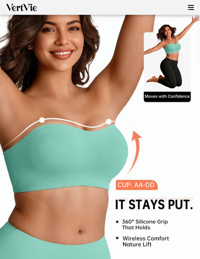 Vertvie Strapless Bra Wireless Non-Slip Push Up Bandeau Bras for Women Full Support Tube Tops Padded Bralette S-Large Breasts(Mint Green,Medium)