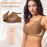 Seamless Jelly Padded Bras for Women No Underwire Full Coverage Supportive Push Up Gel Bra Wireless Low Cut Soft Bralettes(A1#Brown(v Neck),Medium)