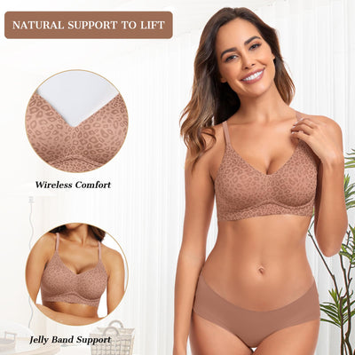 OEAK Womens Wireless Jelly Bras Comfortable Push Up Bra No Underwire Gel Bra Full Support Lift Everyday Seamless Tshirt Bras Latte Leopard M
