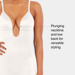 SPANX SPANXshape Suit Your Fancy Plunge Low-Back Mid-Thigh Bodysuit - Comfortable One Piece - Medium Compression - Seamless - Linen - Medium