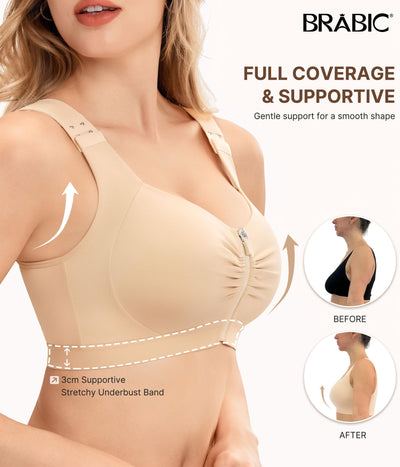BRABIC Zip Front Closure Wireless Bras for Women Post Surgery Compression Mastectomy Surgical Back Smoothing Bra (Nude, Large)