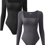 OQQ Women's 2 Piece Bodysuits Sexy Ribbed One Piece Square Neck Long Sleeve Tops