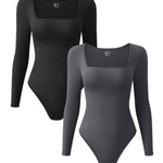 OQQ Women's 2 Piece Bodysuits Sexy Ribbed One Piece Square Neck Long Sleeve Tops Black Darkgrey