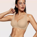 OEAK Womens Deep V Bras Wireless Comfortable Bra Supportive No Underwire Bras Tshirt Push Up Bralettes Plunge Seamless Bra Semolina L