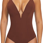 SHAPERIN Women's Deep V Neck Bodysuit Double Lined Plunge Tummy Control Shapewear Thong Body Suits Backless Cami Tank