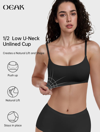 OEAK Womens Comfortable Bras No Underwire Cami Bra Seamless Unlined Bralettes Scoop Neck Unpadded Everyday Sports Tshirt Bra Black,XL