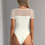 OQQ Women Short Sleeve Bodysuit Square Neck Tummy Control Shapewear Mesh Ruched One Piece Leotard Shirts Going Out Tops Beige