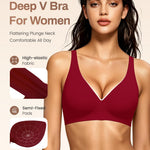 Gailife Deep V Jelly Bras for Women No Underwire Wireless Seamless Push Up Bra Comfort Support Plunge Bralette Full Coverage -Deep Red,L