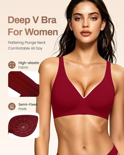 Gailife Deep V Jelly Bras for Women No Underwire Wireless Seamless Push Up Bra Comfort Support Plunge Bralette Full Coverage -Deep Red,L