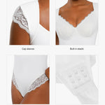 Popilush Lace Bodysuit White Lace Top Body Suits for Womens Tummy Control V Neck Holiday Party Date Night Outfit Thong Body Shaper