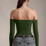 OQQ Bodysuits Womens Off-Shoulder Long Sleeve Seamless Shapewear Tops Armygreen