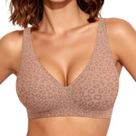 OEAK Womens Deep V Bras Wireless Comfortable Bra Supportive No Underwire Bras Tshirt Push Up Bralettes Plunge Seamless Bra Light-Coffee Leopard XS