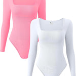 OQQ Women's 2 Piece Bodysuits Sexy Ribbed One Piece Square Neck Long Sleeve Tops
