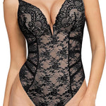 Popilush Lace Body Suits Women Tummy Control Shapewear Bodysuit Deep V Neck Backless Corset Tops Thong Body Shaper