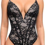 Popilush Shapewear Bodysuit for Women Deep V Neck Sleeveless Lace Corset Bodysuits Tummy Control Tank Tops