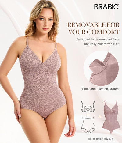 BRABIC Lace Bodysuit for Women Tummy Control Shapewear Sleeveless Tops V-Neck Backless Camisole Jumpsuit Shaper (Brown Brief, 3X-Large)