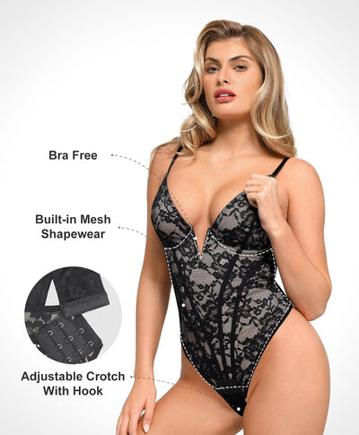 Popilush Shapewear Bodysuit for Women Deep V Neck Sleeveless Lace Corset Bodysuits Tummy Control Tank Tops