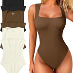 OQQ Women's 3 Piece Bodysuits Sexy Ribbed Strappy Square Neck Sleeveless Tummy Control Tank Tops Bodysuits