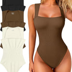 OQQ Women's 3 Piece Bodysuits Sexy Ribbed Strappy Square Neck Sleeveless Tummy Control Tank Tops Bodysuits
