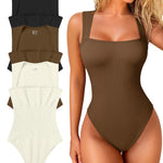 OQQ Women's 3 Piece Bodysuits Sexy Ribbed Strappy Square Neck Sleeveless Tummy Control Tank Tops Bodysuits Black Coffee Beige