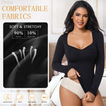 ONEW Shapewear Tummy Control Long Sleeve Shirts For Women Seamless V Neck Compression Shirt Slimming Body Shaper,Black,Medium